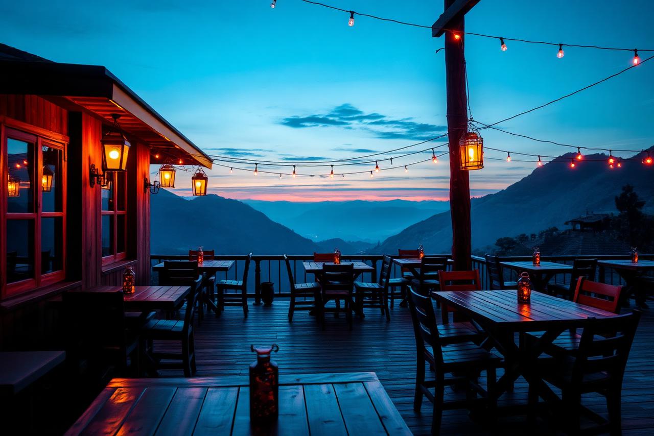 Mountain cafe terrace at dusk overlooking a Himachal valley