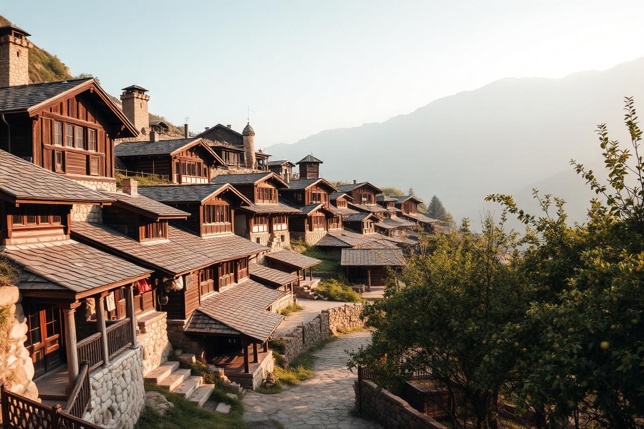 Traditional Himachali village with slate-roof wooden houses